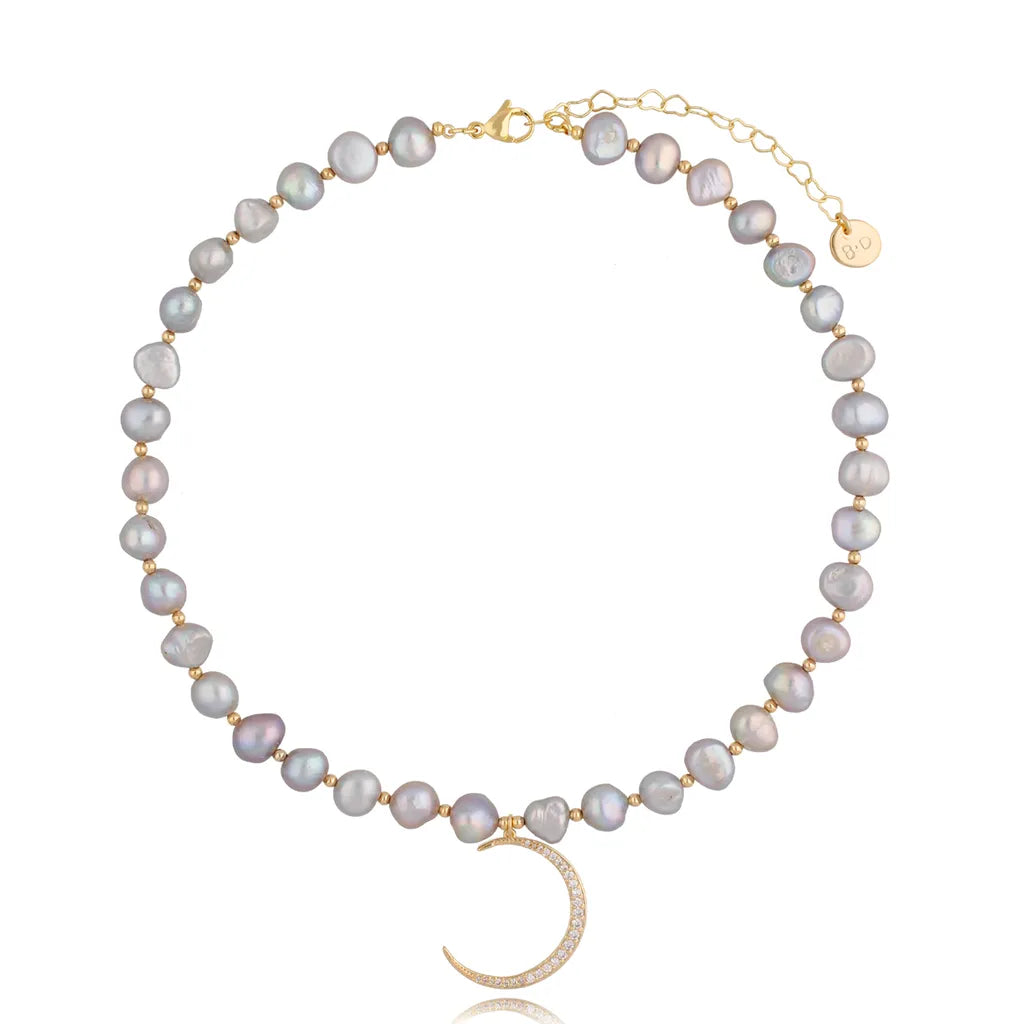 Gray Pearl Necklace with Big Moon Pendant
